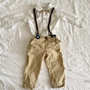 Baby Toddler Boy Formal Suits Bodysuit Shirt Bowtie Suspender Pants 12-18 Months